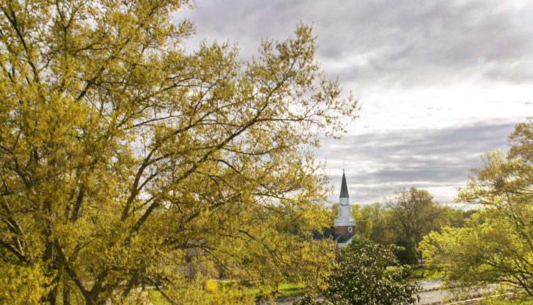 Outdoor view of campus with chapel