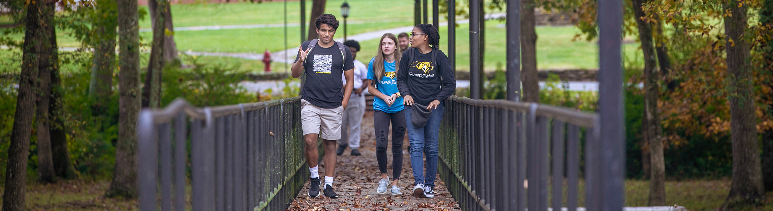 Students talking as they walk across a bridge